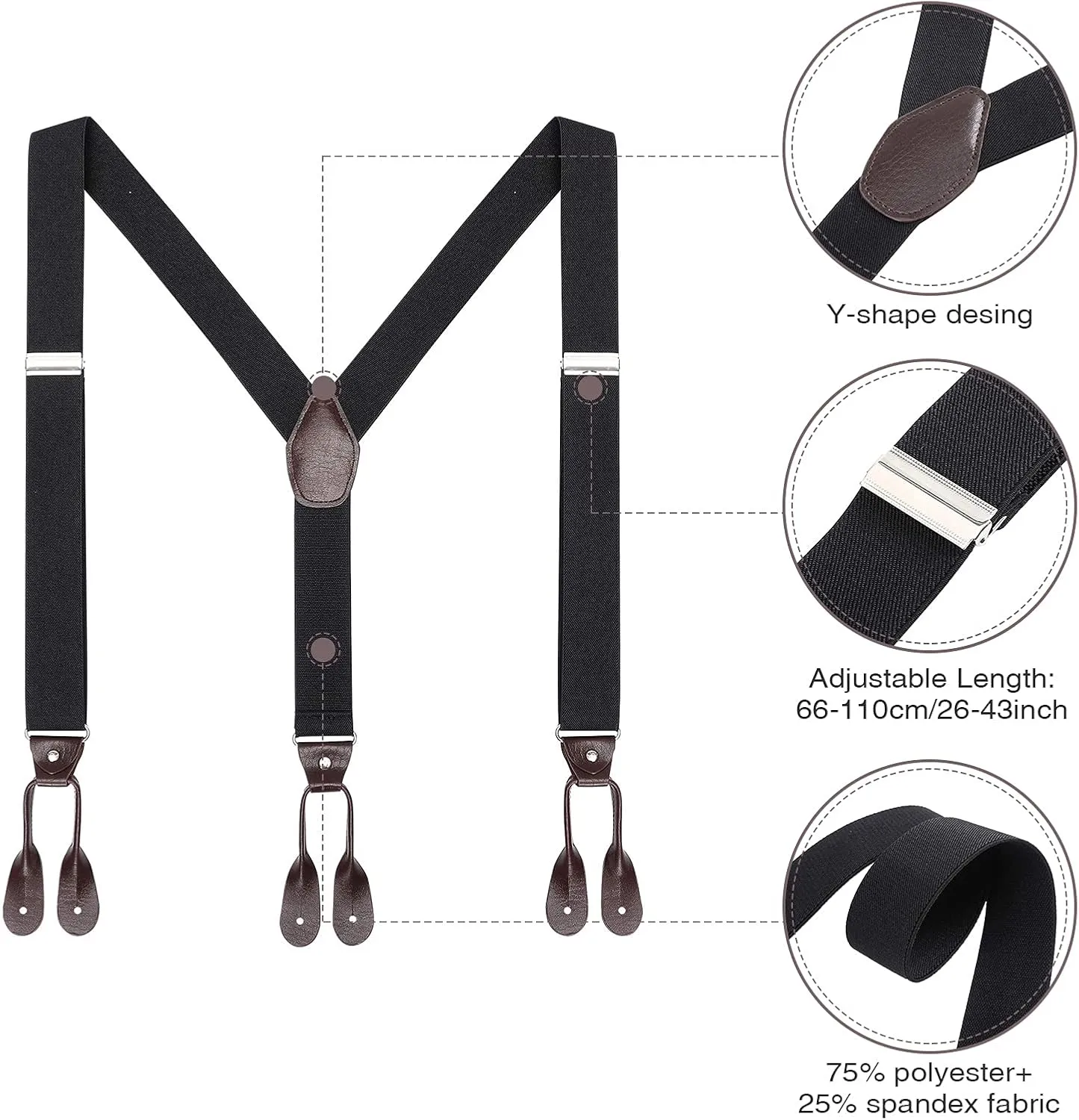 AWAYTR Mens Brown Button End Suspenders - Adjustable Elastic Y Shape Tuxedo Suspender