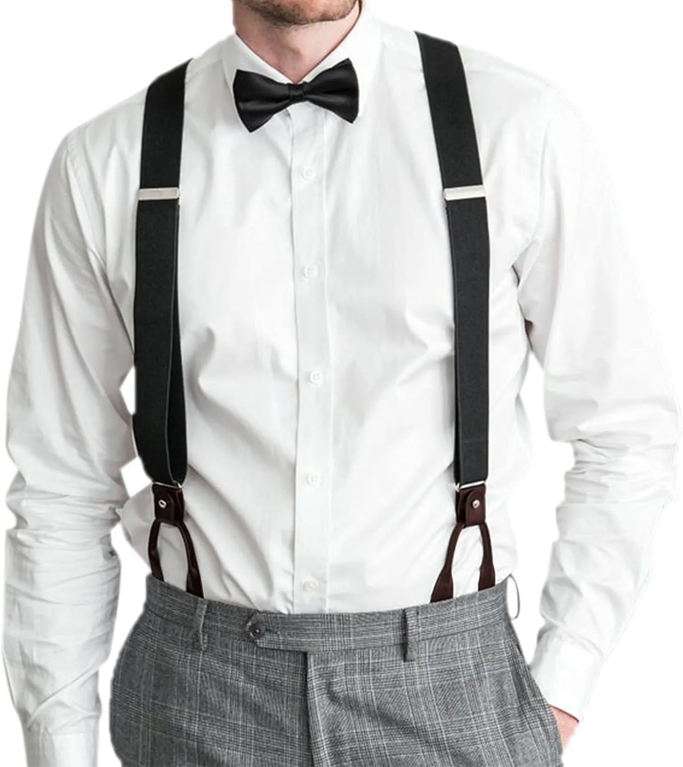 AWAYTR Mens Brown Button End Suspenders - Adjustable Elastic Y Shape Tuxedo Suspender