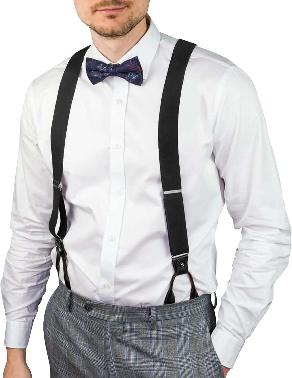AWAYTR Mens Brown Button End Suspenders - Adjustable Elastic Y Shape Tuxedo Suspender