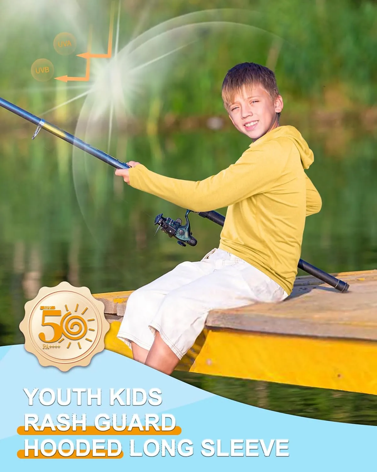 Roadbox Boys Rash Guard Hooded Shirt, Kids UPF 50  Long Sleeve Hoodie, Youth UV Sun Protection Fishing Beach Shirts