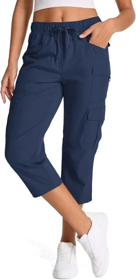 Womens Capris with Pockets Stretch Shorts Hiking Cargo Quick Dry Elastic Waist Long Shorts
