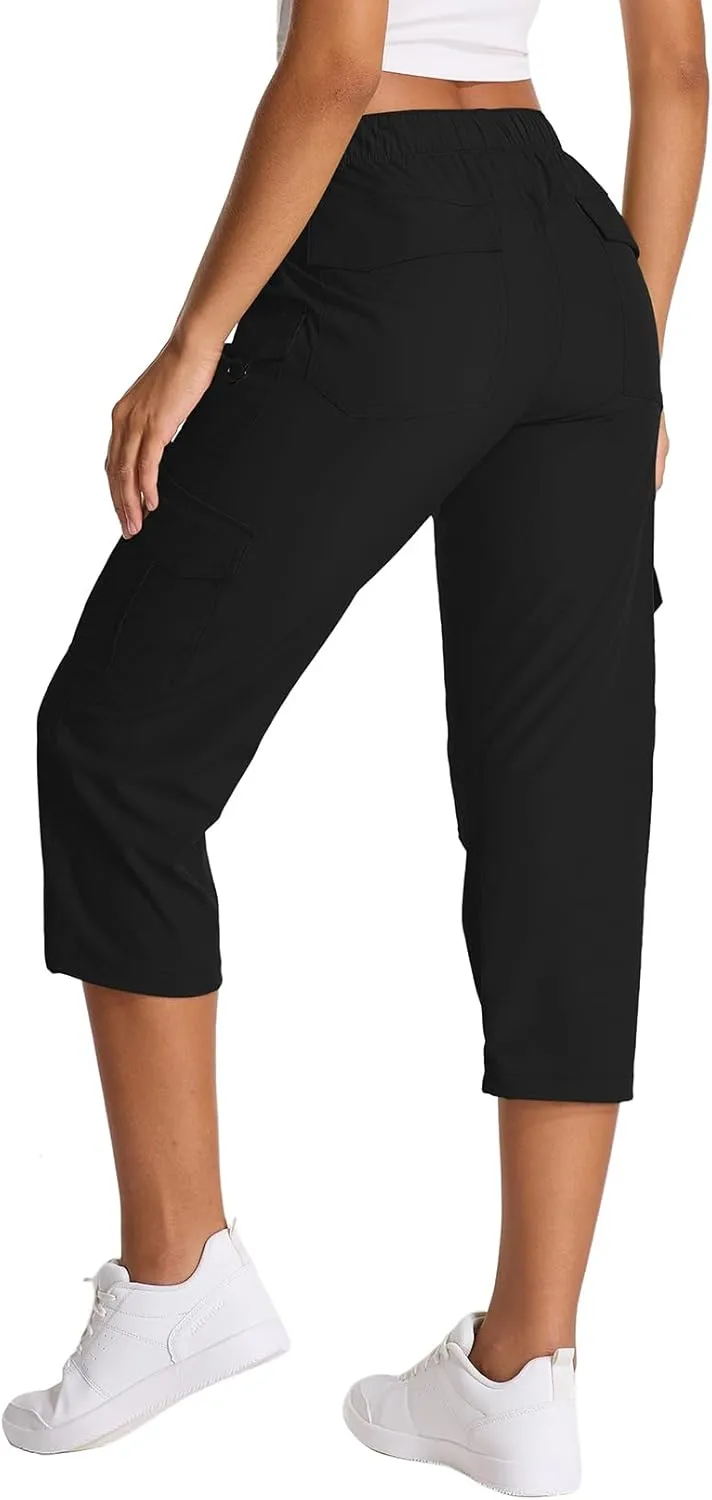 Womens Capris with Pockets Stretch Shorts Hiking Cargo Quick Dry Elastic Waist Long Shorts