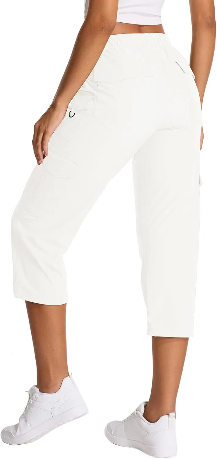 Womens Capris with Pockets Stretch Shorts Hiking Cargo Quick Dry Elastic Waist Long Shorts